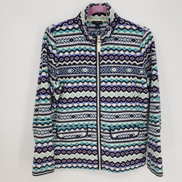 Talbots Fair Isle Print Full Zip Up Fleece Jacket M Womens Teal Blue Purple - Picture 1 of 7
